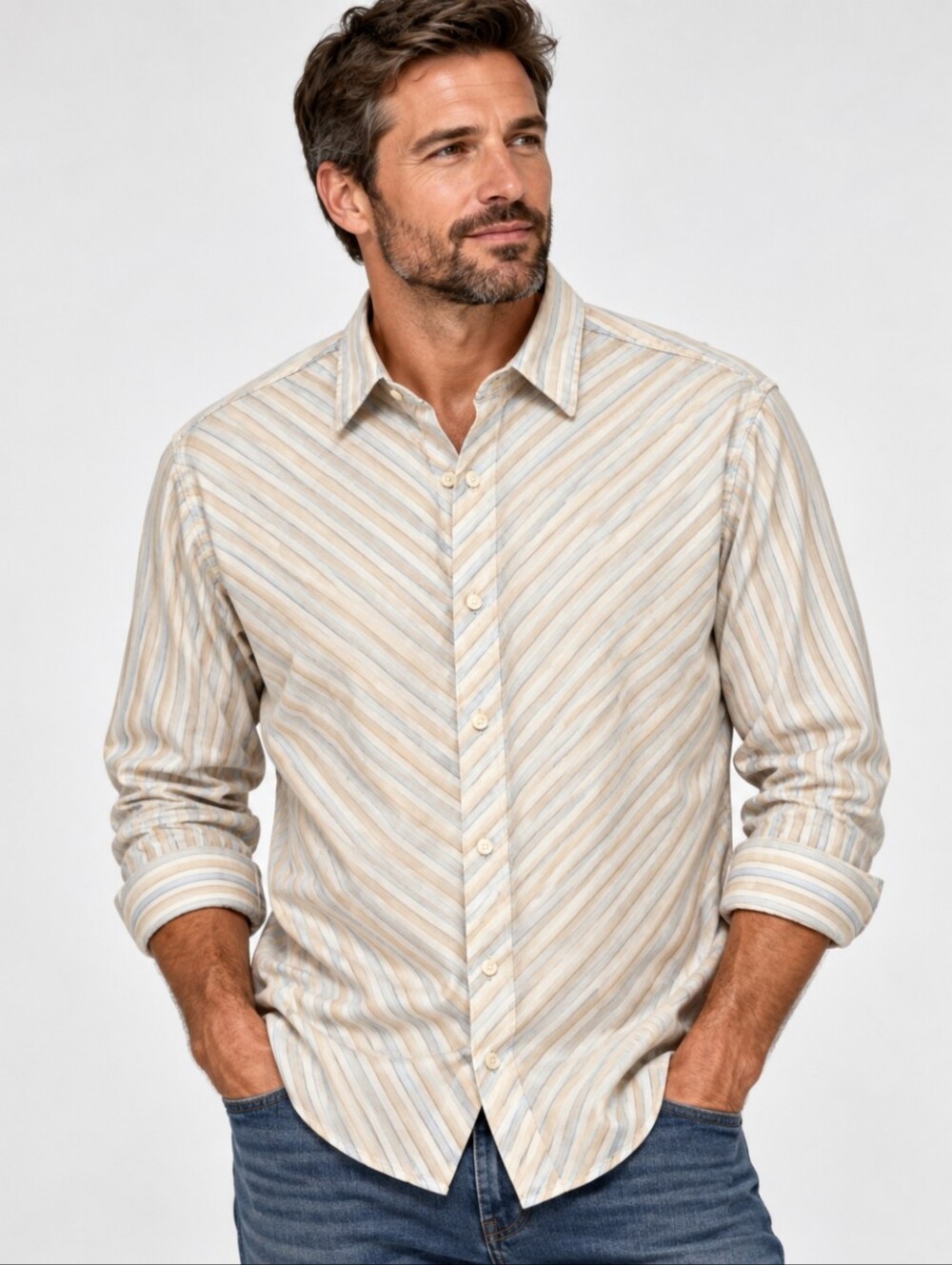 Men's Striped Long-Sleeve Button-Up Shirt — Cream/Beige - XL